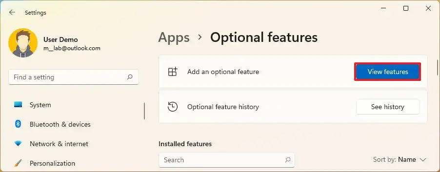 روی دکمه "View features" در "Add an optional feature" کلیک نمایید.﻿.